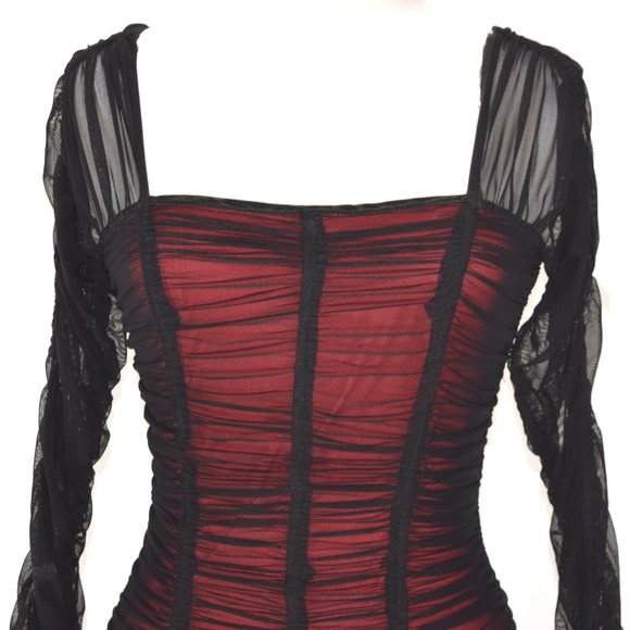 SUE WONG Black Red Mesh Ruched Midi Sheath Dress - Picture 4 of 9